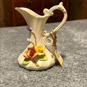 Vintage Arnart Ivory Bisque Porcelain Pitcher Vase Colorful Raised Roses 5 inch